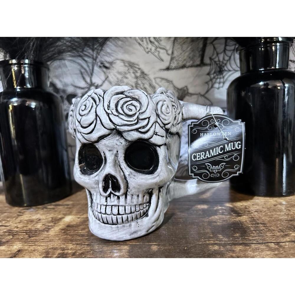 10 Strawberry Street Halloween Ceramic Mug Skull and Roses